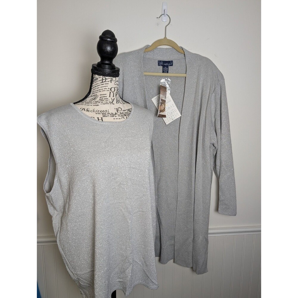 Susan Graver Women's Cardigan Set Tank Sweater Duo Silver Size 1X Holidays NWT